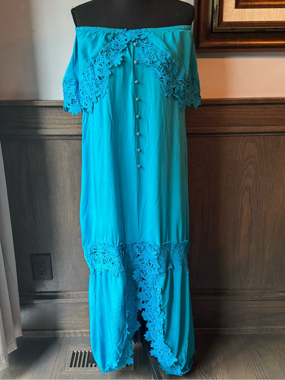Sisjuly Teal Off-Shoulder Maxi Dress